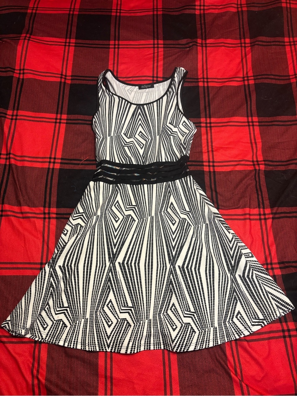Eclipse Black and White Geometric Fit-and-Flare Dress